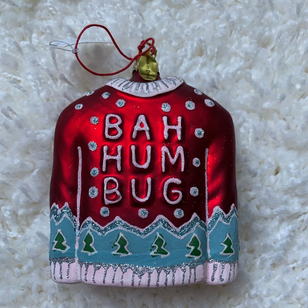 Ugly Sweater NWT Glass “Bah Humbug” ornament, oversized and eye-catching!